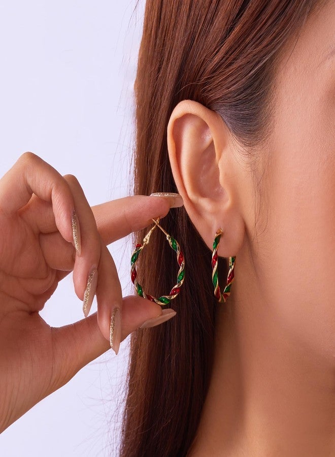 Xeyau Christmas Hoop Earrings for Women Christmas Stocking Stuffers Dainty Enamel Hoop Earring Gold Silver Twist Earring Xmas Fashion Jewelry (B-Colorful-1.2) - Image 2